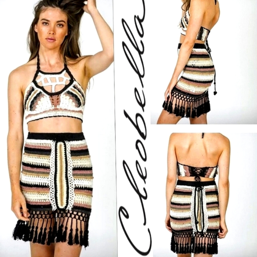 RARE*CLEOBELLA Festival Crochet Pom Fringe Bohemian Mini Skirt $189/LIKE NEW